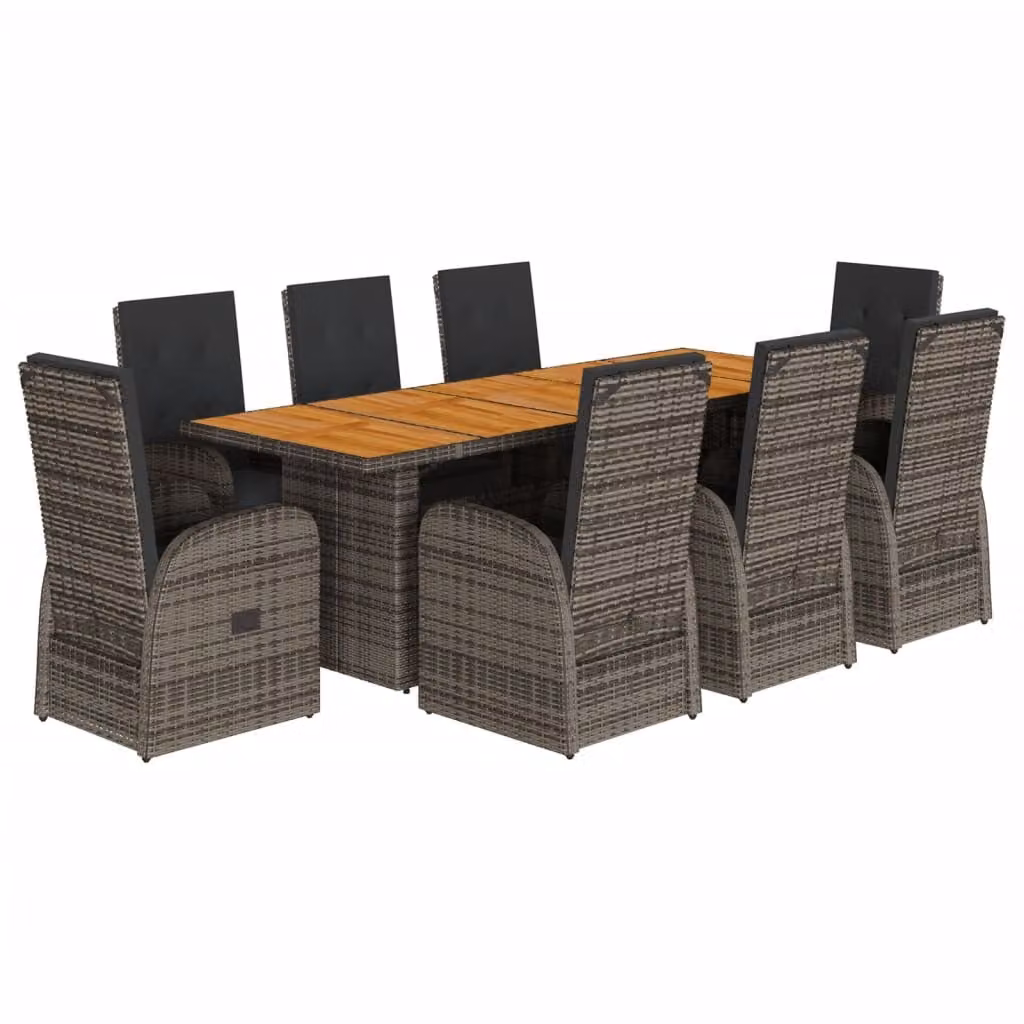 Set da Pranzo da Giardino 9 pz con Cuscini in Polyrattan Grigio