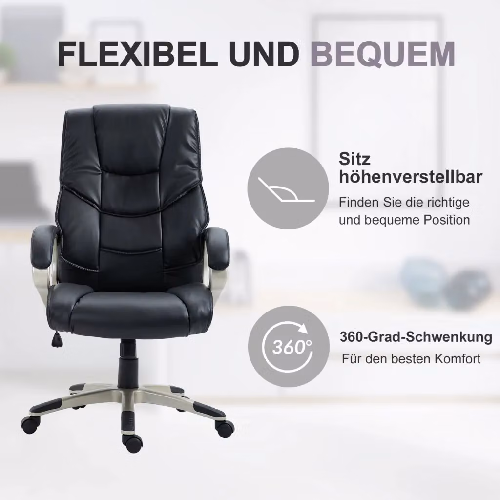 Sedia da ufficio girevole REDOM in similpelle nera con braccioli e ruote, L/P/H: 70 x 58 x 114-124 cm – 2