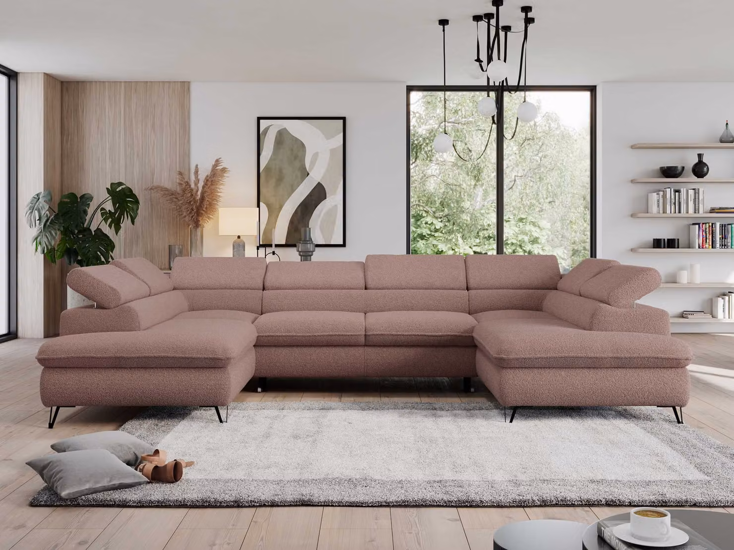 Divano angolare con contenitore per biancheria, divano a forma di "U" con funzione letto, poggiatesta regolabili - PEDRO U - Tessuto boucle - Rosa