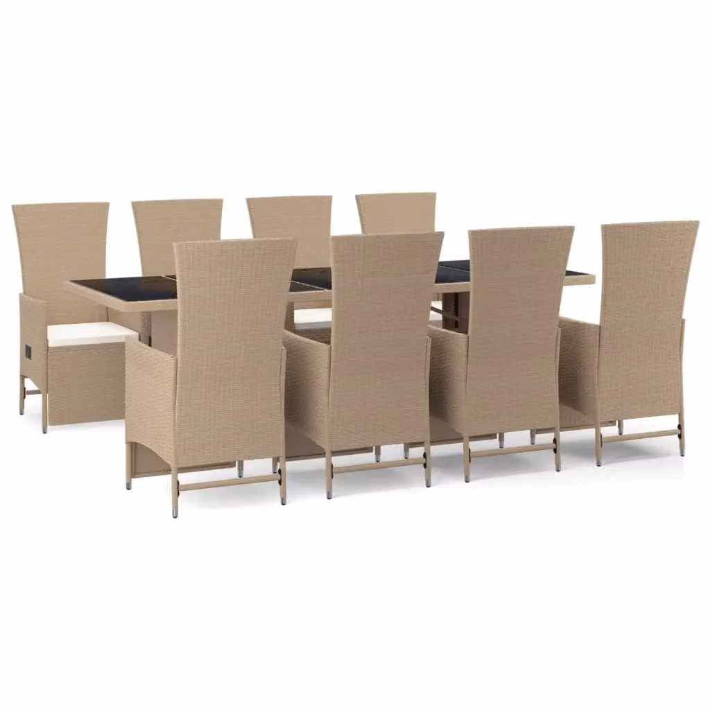 Set da pranzo da giardino vidaXL in polyrattan con tavolo in legno di acacia e cuscini beige e bianchi, 9 pezzi – 2