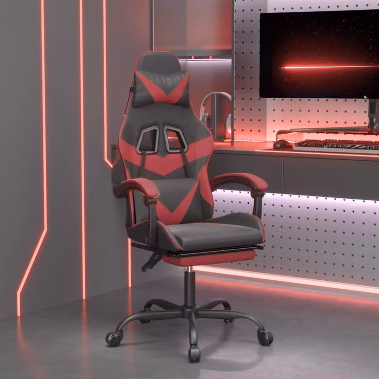 Sedia da Gaming vidaXL con Poggiapiedi, Nero e Rosso, in Similpelle con Braccioli e Ruote, Girevole a 360 Gradi