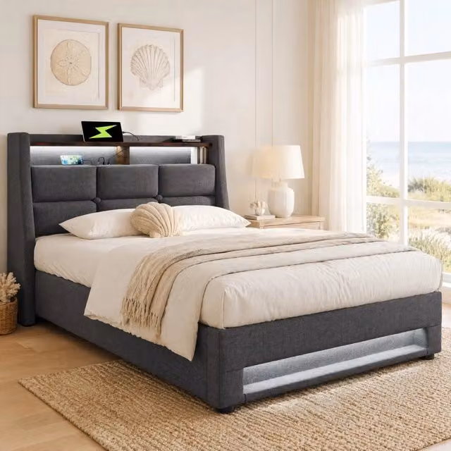 Letto singolo MODFU imbottito in tessuto grigio con illuminazione LED, porta USB, mensola e contenitore a sollevamento, L/P: 90 x 200 cm