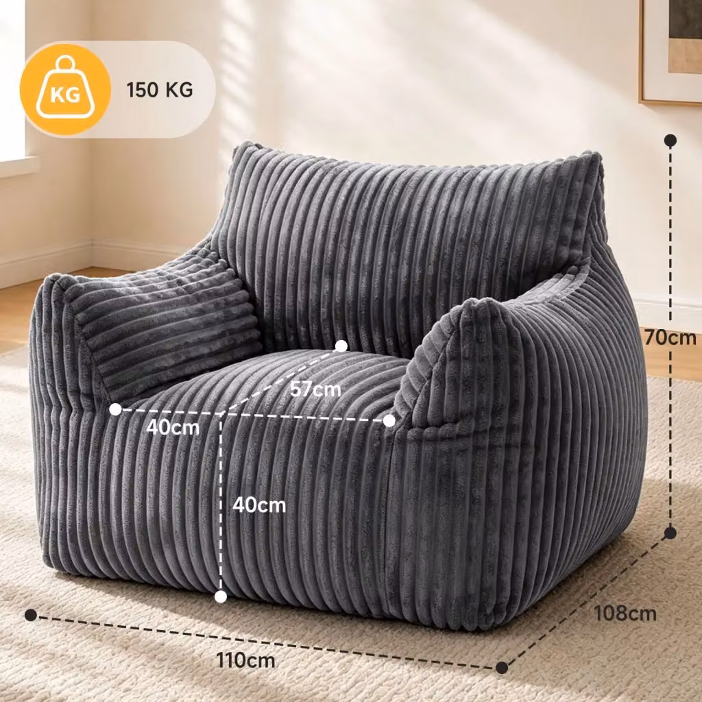 Poltrona Pouf Gigante HOMEFITNESSCODE in Velluto a Coste Grigio, Seduta Relax Ergonomica con Braccioli e Imbottitura in Schiuma ad Alta Resistenza – 2