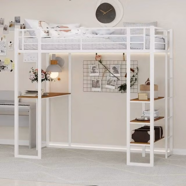Desviae Letto a soppalco in ferro bianco con scrivania inferiore scale su entrambi i lati e struttura a doppio sostegno