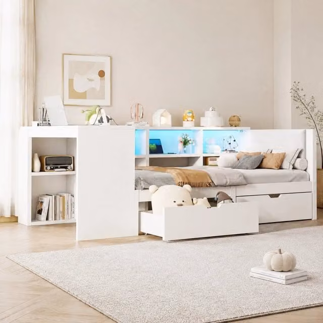 Letto piattaforma 90x200 cm con 2 cassetti; ripiani; prese USB e LED; bianco