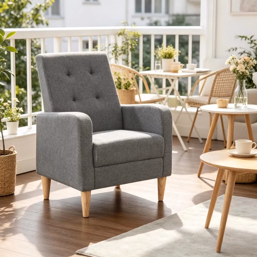 Poltrona imbottita WISHDOR in lino con schienale alto, braccioli e struttura in legno, grigio scuro – 2