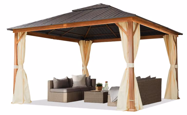 TOOLPORT Gazebo da giardino 4x4 m look legno, tetto Hardtop in acciaio, 4 teli laterali color crema