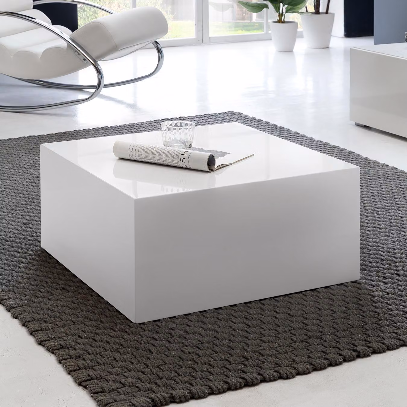 FineBuy tavolo FineBuy tavolo in legno MDF bianco largo 60 cm design tavolo da soggiorno moderno tavolo contenitore quadrato cubo lucido mobili da soggiorno