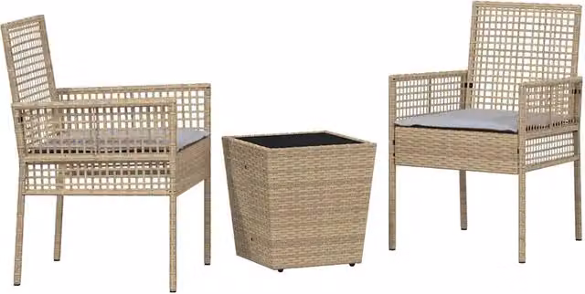 Set Bistro da Giardino Moderno 3 Pezzi in Polyrattan Beige con Tavolo in Vetro