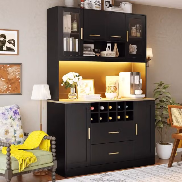 Credenza con sei ante due cassetti portabottiglie LED prese e USB in MDF nero 120 × 36;3 × 180 cm