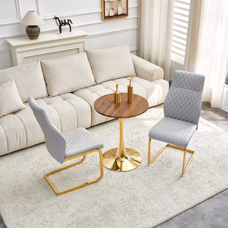 Set tavolo e sedie, tavolo rotondo da 60 cm, MDF, aspetto legno, 2 sedie con motivo a rombo (oro, grigio chiaro, noce)