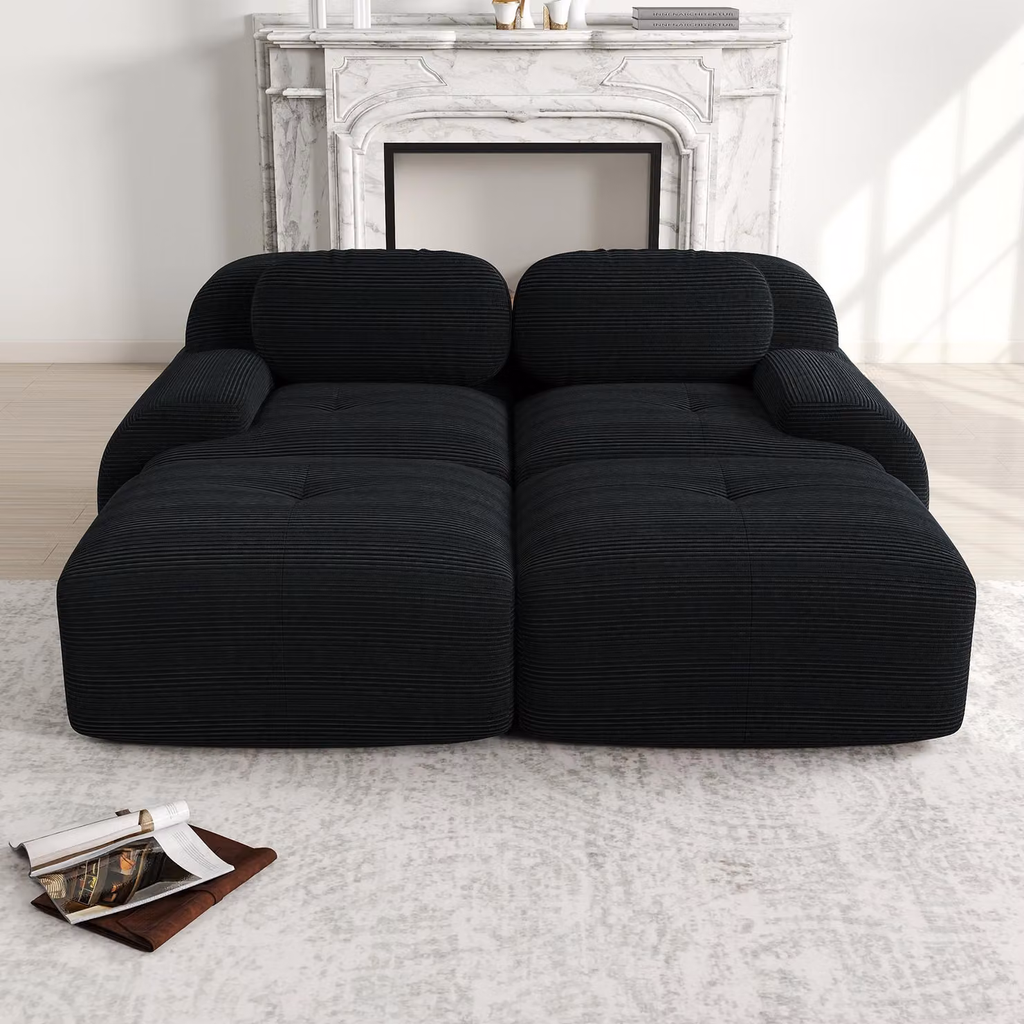 Divano a due posti, colore nero, modello modulare angolare senza telaio, combinabile con chaise longue, dimensioni 208x178x70 cm, imbottitura in schiuma 32D per una forma stabile
