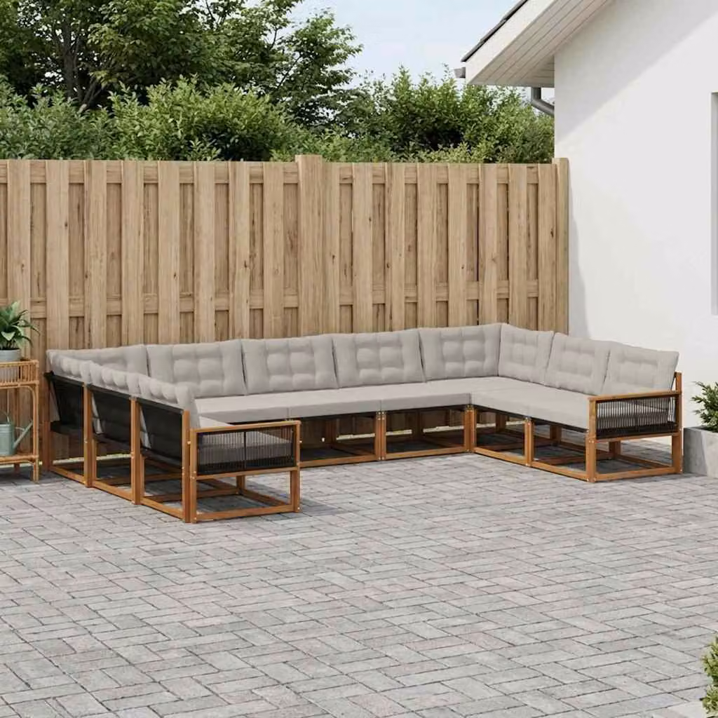 Set di divani da esterno vidaXL 9 pz in legno di acacia e textilene, composizione a L con cuscini inclusi, colori beige, grigio e marrone
