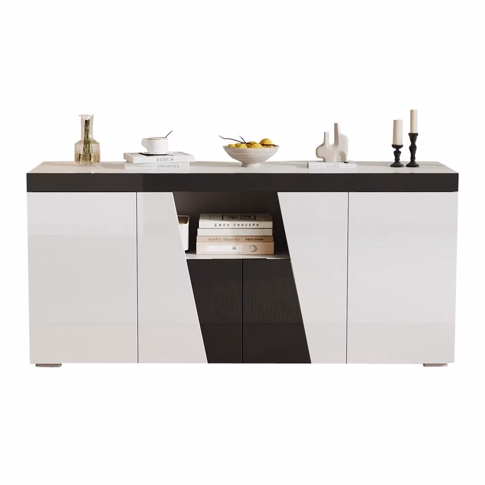 Cassettiera Moderna Minimal con Illuminazione LED Integrata, Colore Nero, Bianco e Legno, L 140 cm x P 40 cm x H 65 cm – 2