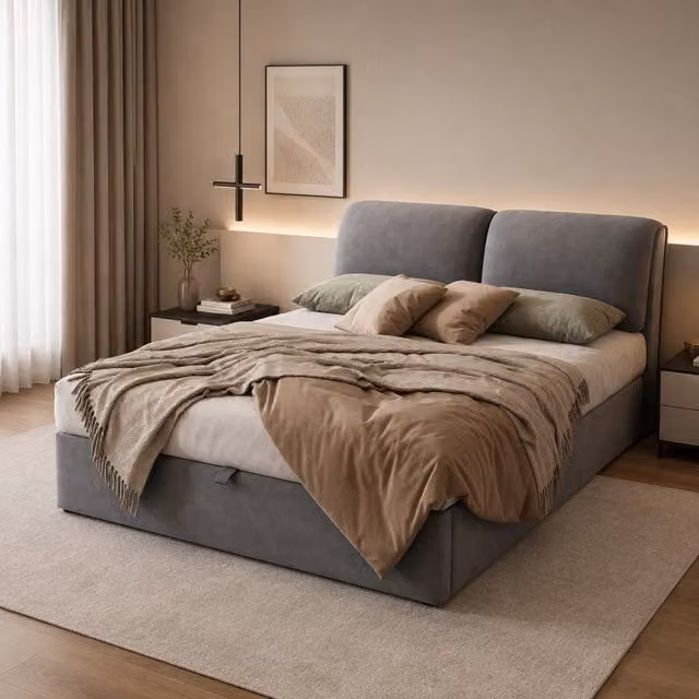 Letto contenitore 140x190 cm; matrimoniale con contenitore idraulico; 3 cassetti; rete a doghe; testiera; velluto; grigio