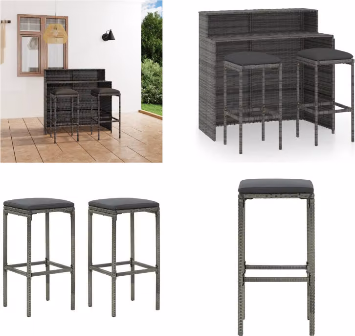 vidaXL Set bar da giardino 3 pezzi con cuscini grigio - Set bar da giardino - Set bar da giardino - Tavolo e sedia da giardino - Tavoli e sedie da giardino