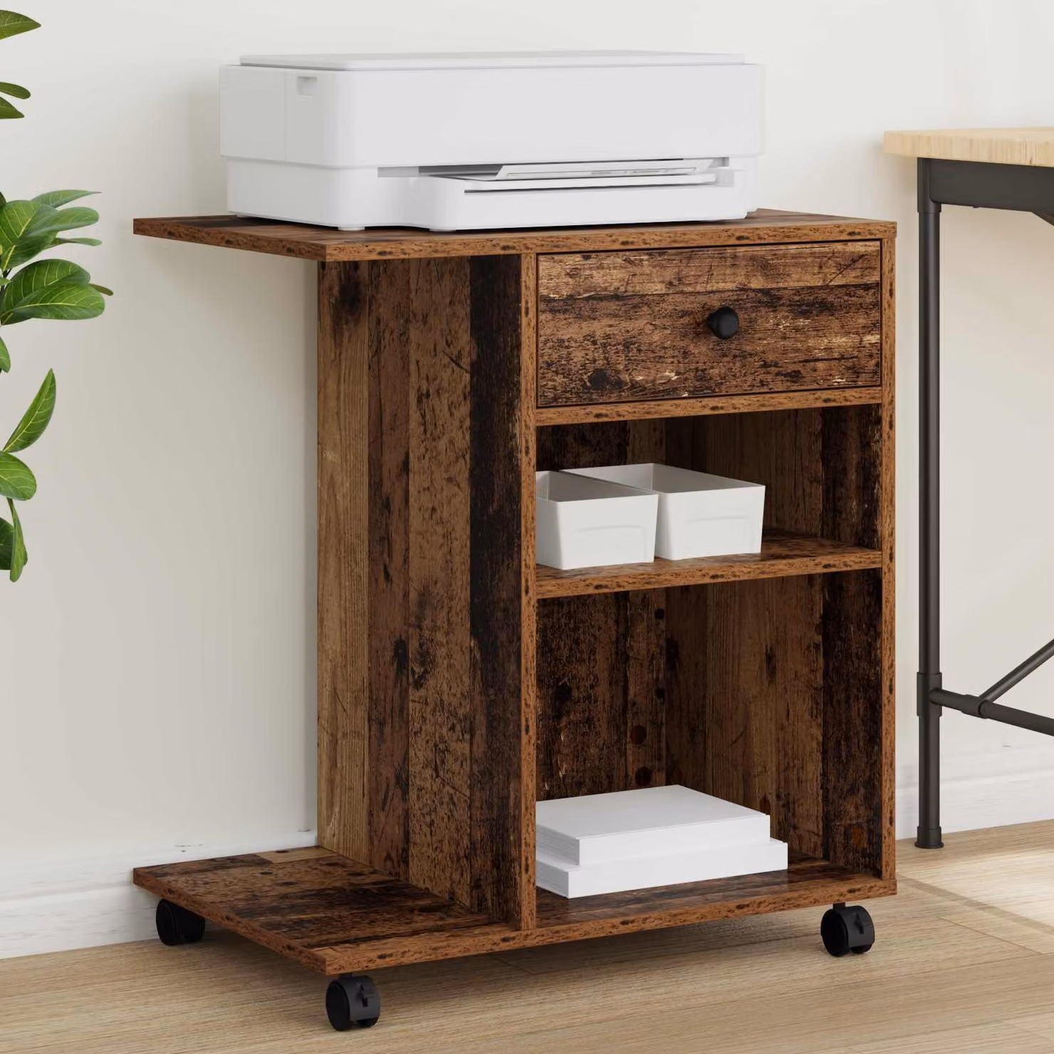 vidaXL Supporto per Stampante in Legno Marrone con Ruote L 60 cm x P 40 cm x H 68,5 cm