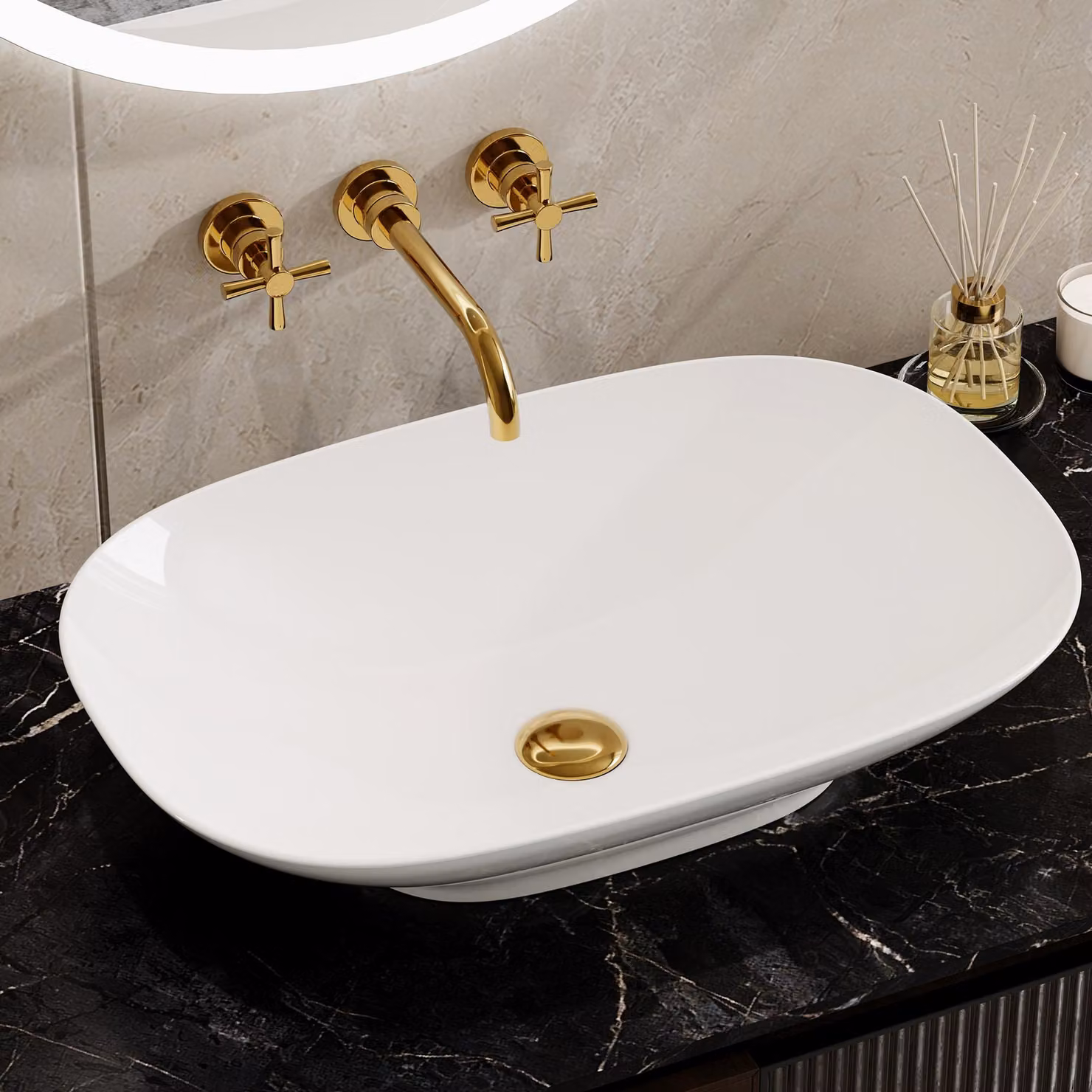 HOROW 60 x 40 cm lavabo da appoggio in Vetroceramica Ovale, bordo sottile 5 mm, lavabo moderno bianco per bagno WC ospiti