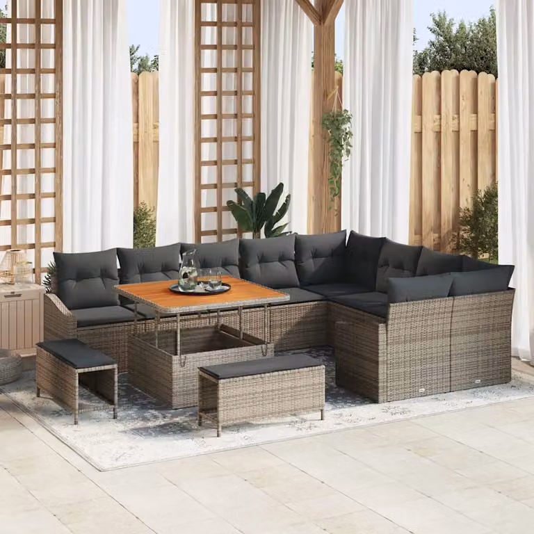 vidaXL Set Divano da Giardino a Forma di U con 7 Posti, Colore Grigio, con Cuscini e Tavolino da Caffè