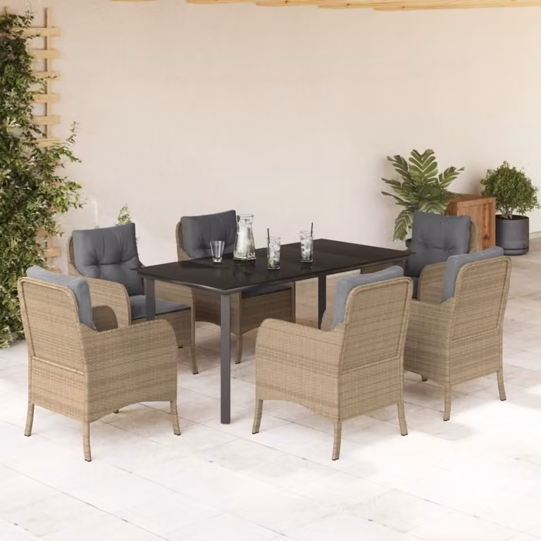 Set da Pranzo da Giardino vidaXL in Polyrattan con Cuscini Beige e Tavolo in Vetro, 7 Pezzi