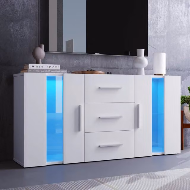 Credenza moderna con LED USB, 140 x 35 x 70 cm, bianco, in MDF, con ampio spazio contenitivo