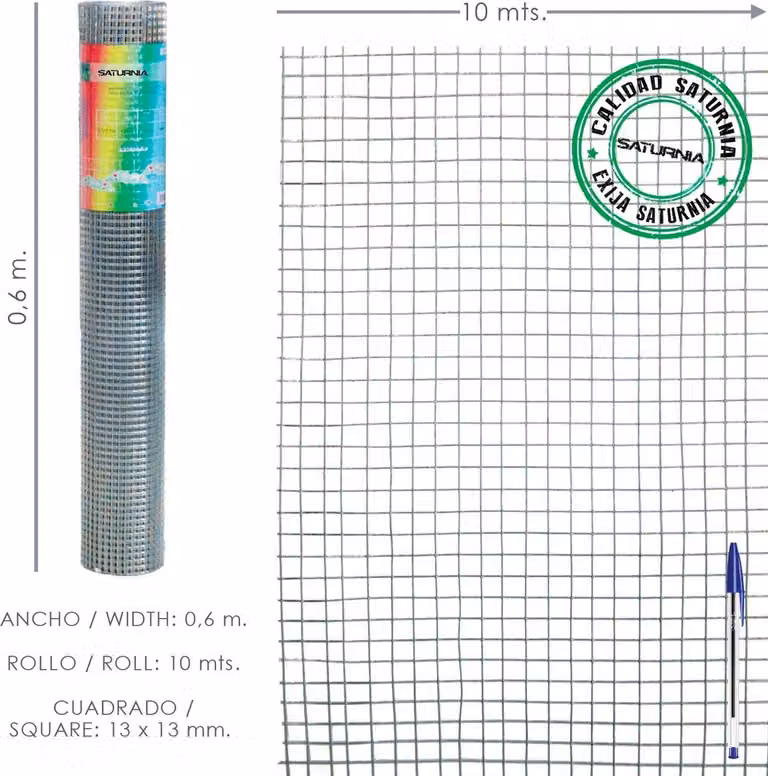 Rete zincata elettrosaldata 13x13 / 60 cm. Rotolo da 10 metri. Uso domestico