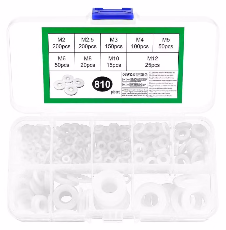 Set di 810 rondelle in nylon, colore bianco, per viti da M2 a M12, distanziatori in plastica piatta
