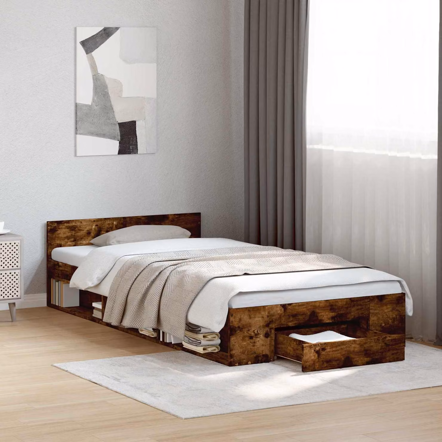 vidaXL Telaio del letto moderno con cassetti in legno Rovere Fumo L: 200 cm, P: 80 cm, H: 83 cm