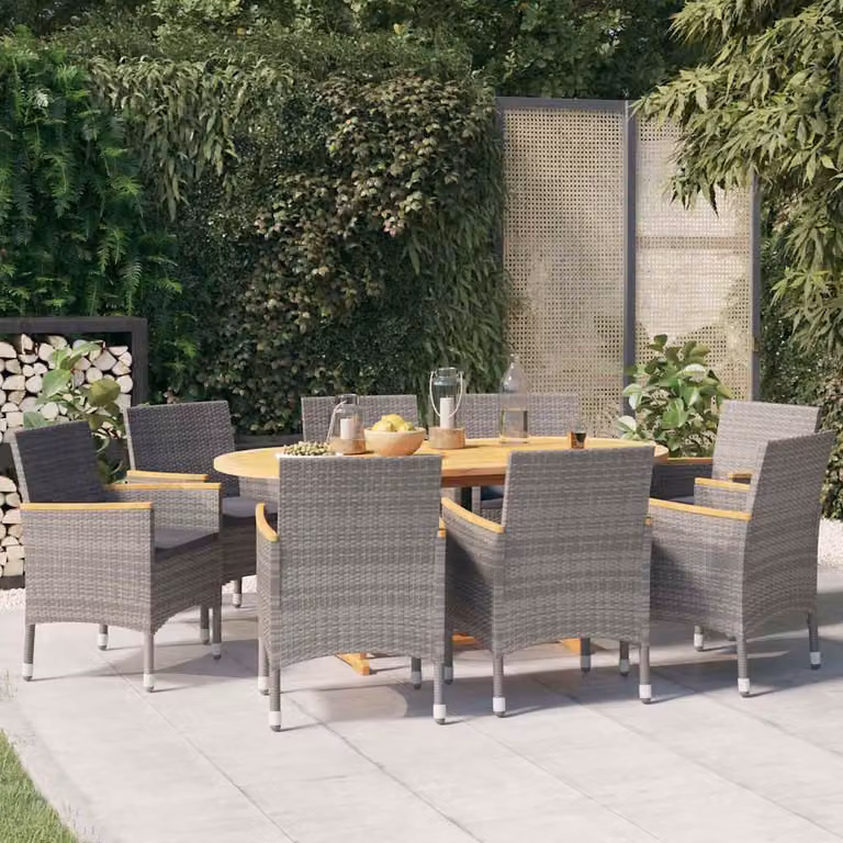 Set da pranzo per giardino vidaXL in legno di acacia oliato con 9 pezzi e cuscini grigi