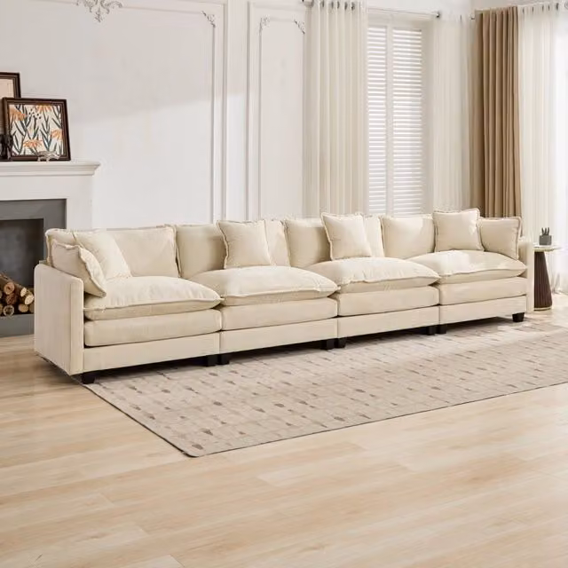 Divano modulare OKWISH a 4 posti in ciniglia beige per soggiorno con cuscini, L/P/H: 380 x 75 x 84 cm