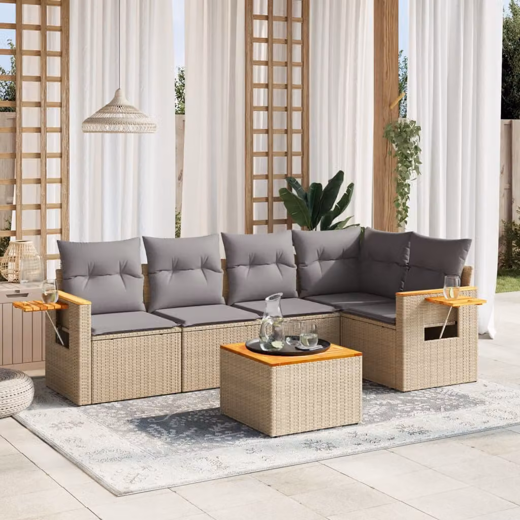 Set Divano da Giardino a L vidaXL 6 pz in Polyrattan con Cuscini Beige e Grigio e Tavolino, Moderno e Resistente ai Raggi UV – 1