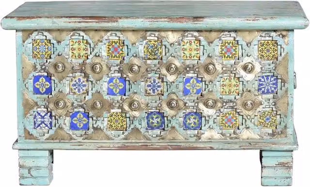 Cassapanca in massello di mango con particolari in maiolica e metallo