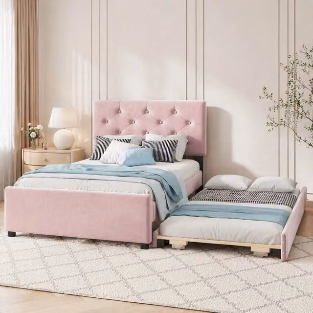 Letto con testiera 90x200 cm; letto estraibile; rete a doghe; velluto rosa