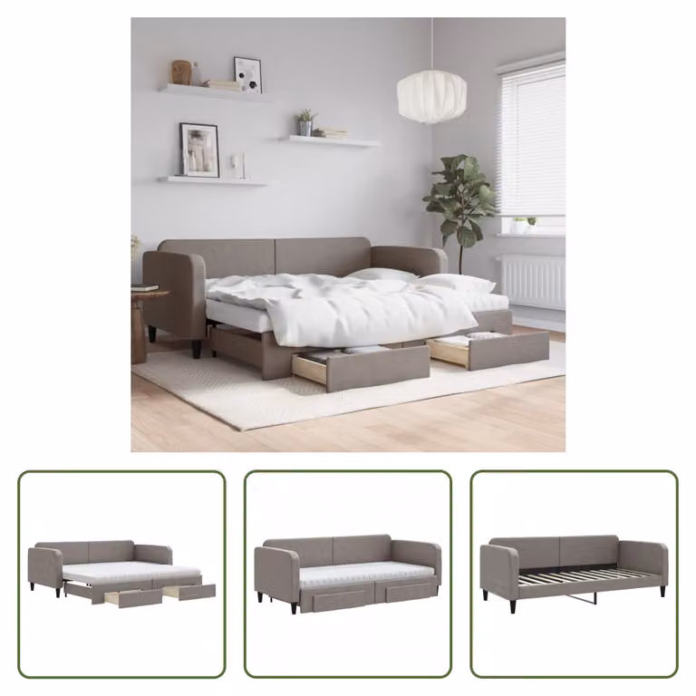 The Living Store Letto allungabile con cassetti Taupe 90x200 cm tessuto