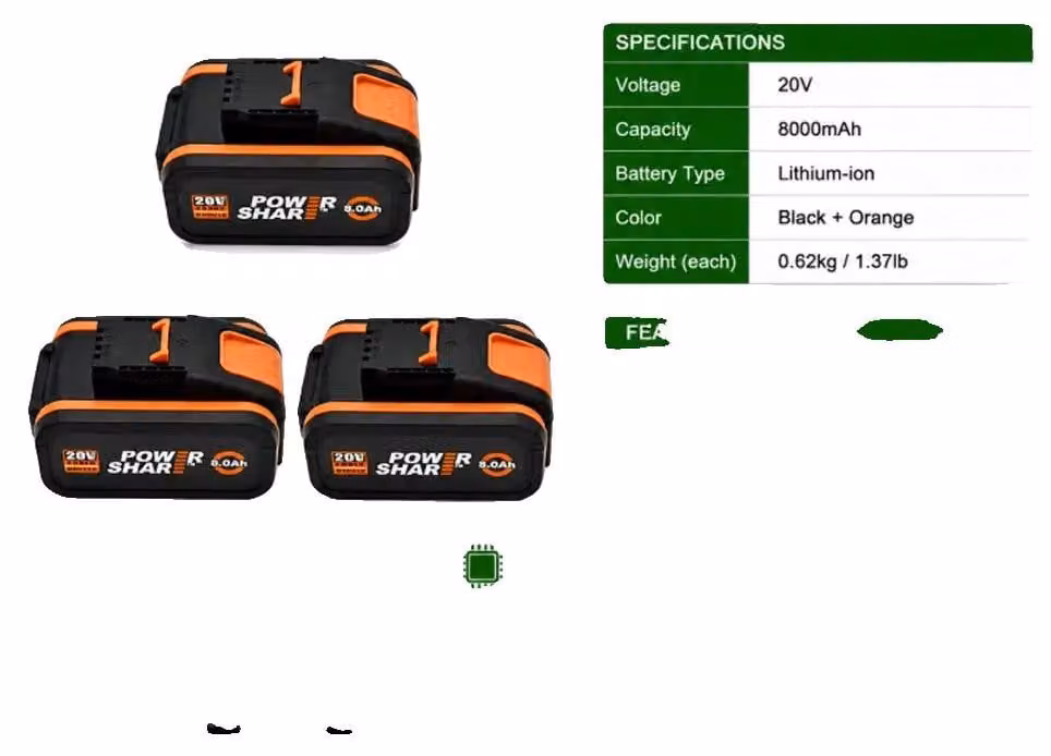 Batterie, capacità 8000 mAh, compatibili con utensili elettrici da 20V, Worx - 8Ah x 3