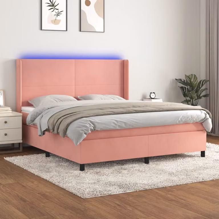 Letto a Molle con Materasso e LED vidaXL in Velluto Rosa, L/P: 180 x 200 cm