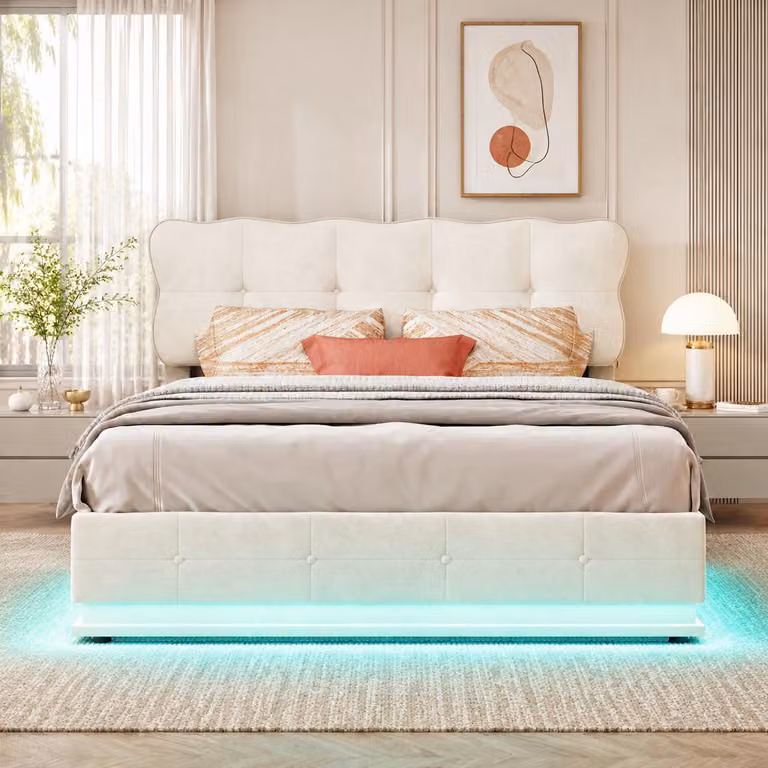 Letto matrimoniale con boxspring INONEFT, dimensioni 140x200 cm, con illuminazione LED, struttura imbottita con sistema idraulico per lo spazio contenitivo, letto per giovani con rete a doghe e contenitore, rivestito in velluto color beige