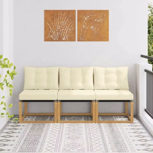 Divano centrale componibile per esterno in tessuto beige e bianco con struttura in legno di acacia e schiuma, ideale per giardino, balcone o terrazza