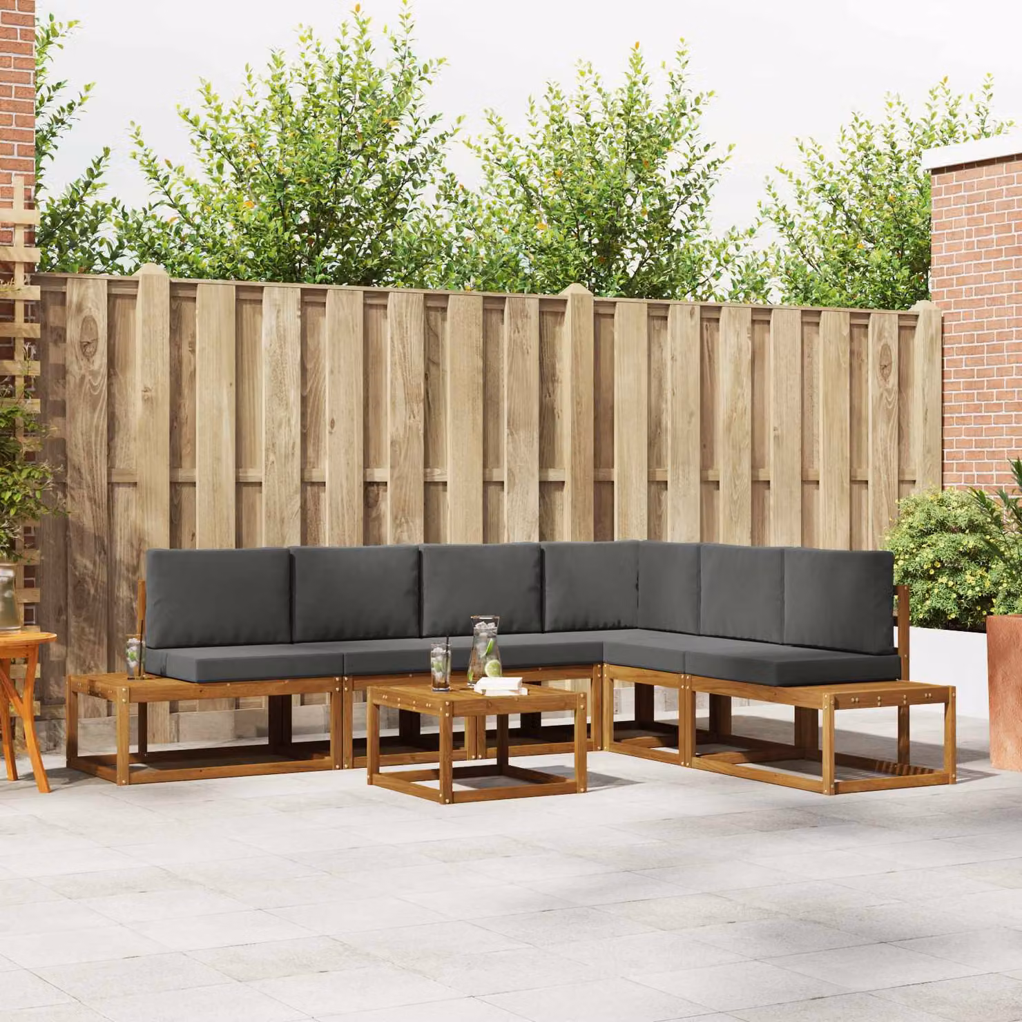 Set di divani da esterno vidaXL a forma di L in legno di acacia con tavolo da caffè, 7 pezzi, Marrone e Antracite