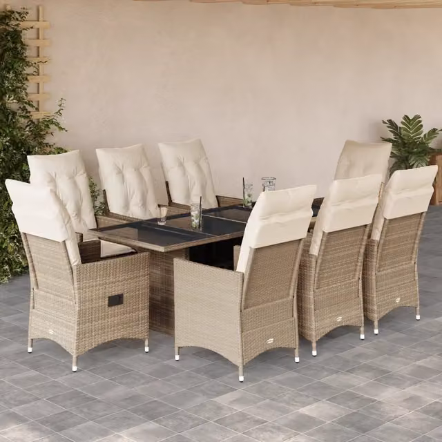 Set da pranzo da giardino vidaXL in polyrattan con cuscini beige e piano in vetro per terrazzo o giardino, 9 pezzi – 1