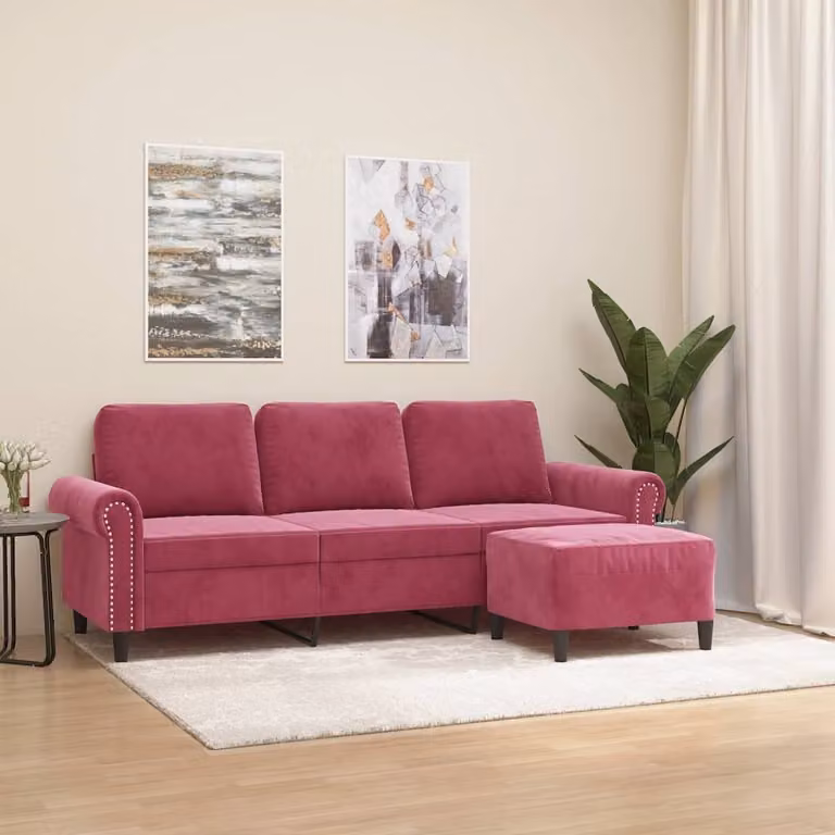 Maison Exclusive - Divano a tre posti con poggiapiedi, rosso vino, 180 cm, in velluto