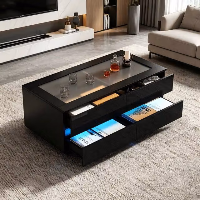 Tavolino da Caffè Nero 100x50x40cm, 4 Cassetti, LED, Piano in Vetro Temperato Lucido, Truciolato, Portata Max 35kg