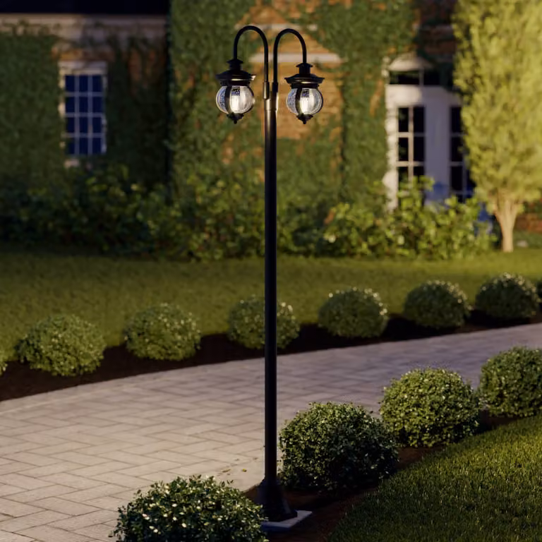 Lampada da esterno Lindby Farley, 215 cm, a 2 luci, IP44, E27 Farley Lindby, dimmerabile, Nero, Metallo, Antico