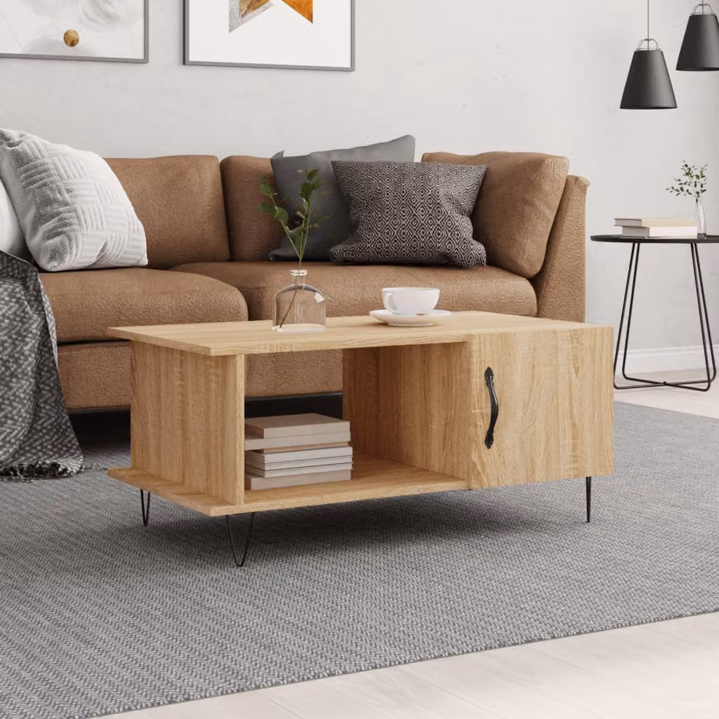 vidaXL Tavolino da Salotto Moderno in Legno e Metallo, Colore Rovere, L 90 x P 50 x H 40 cm