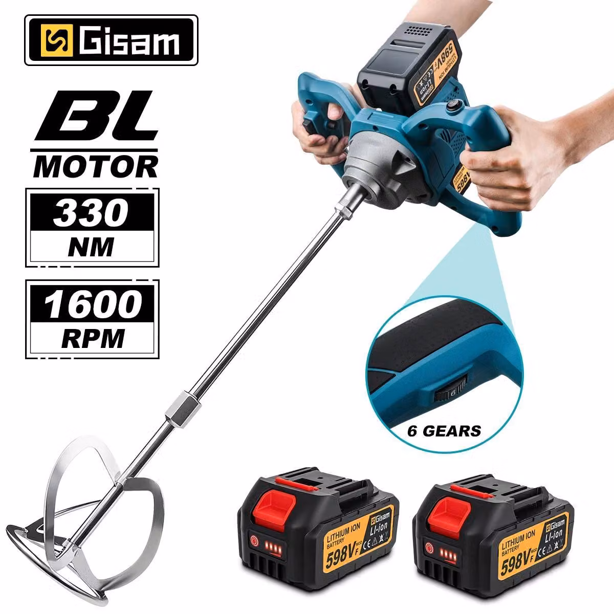 Miscelatore elettrico - Miscelatore a batteria senza spazzole per malta/vernice - 6 velocità - Con 2 batterie - - Grigio/Verde