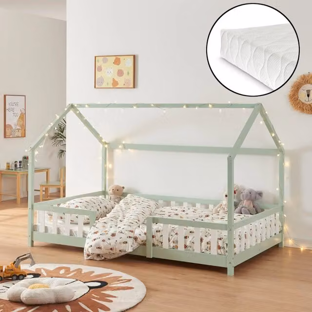 Letto per Cameretta Sisimiut a Forma di Casetta con Materasso 120x200 cm Verde / Bianco [en.casa] [neu.haus]