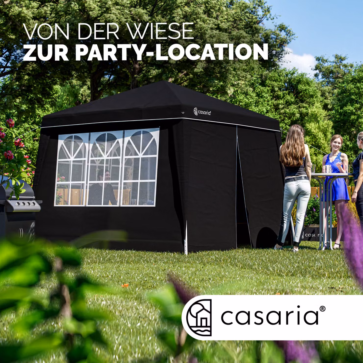 Gazebo pieghevole Capri CASARIA nero con 4 pareti laterali e finestre L: 300 cm, P: 300 cm, H: 250 cm – 3