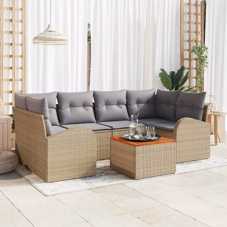 vidaXL Set Divano da Giardino a L 7 pz Beige e Grigio con Tavolino e Cuscini in Polyrattan e Acciaio
