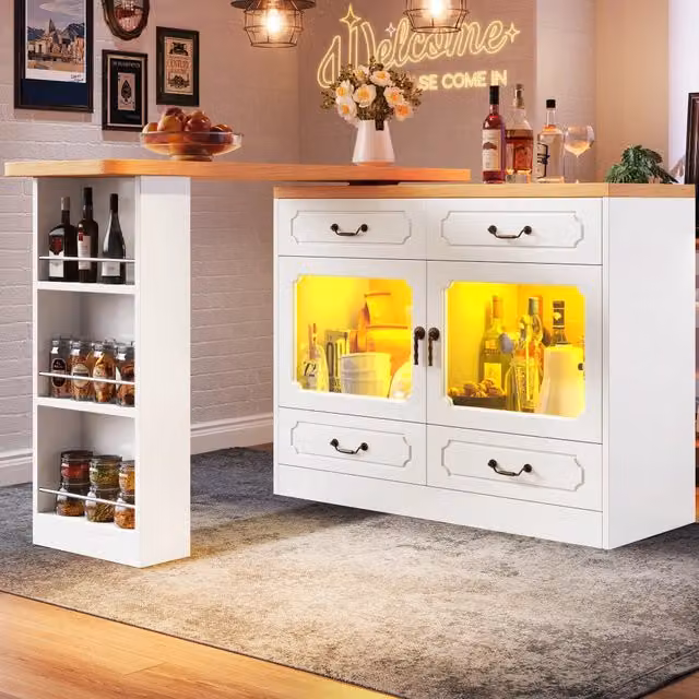 Tavolo bar allungabile con piano girevole a 360°, LED, 4 cassetti e ripiano laterale per cucina e soggiorno, bianco naturale