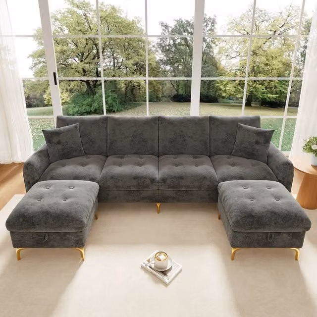 Divano panoramico a U modulare 4 posti con 2 pouf contenitore e tasca laterale, in ciniglia grigio 263 × 137 × 85 cm